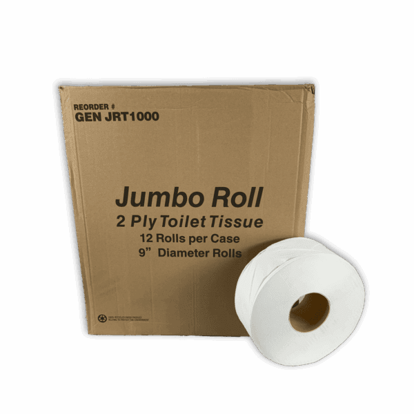 A jumbo roll of 2-ply toilet tissue with its packaging.