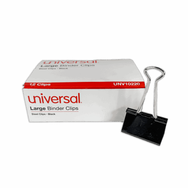 A large black binder clip next to its white and red Universal brand box.