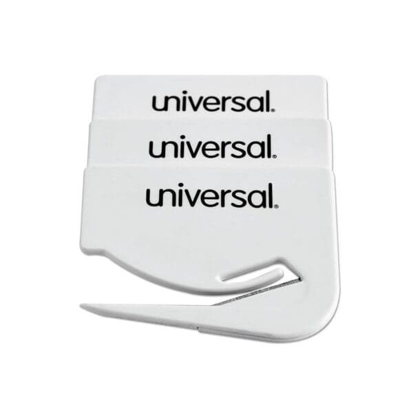 Stack of white stickers with the word 'universal.' printed repeatedly.