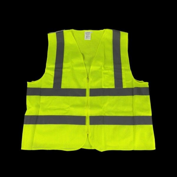 High-visibility safety vest with reflective stripes on black background.