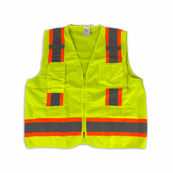 High-visibility safety vest with reflective orange stripes.