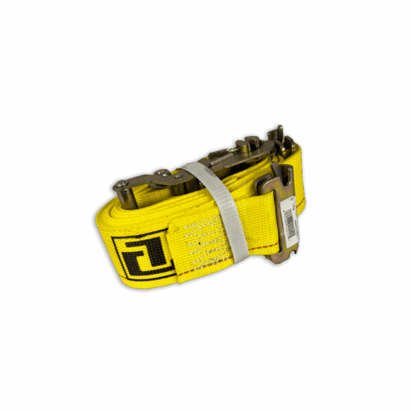 Coiled yellow lifting strap with black markings and a white securing band.