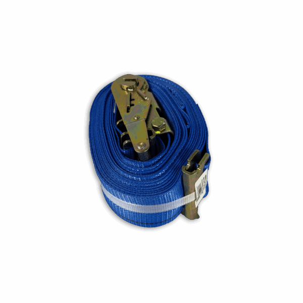 Coiled blue tow strap with metal hooks on a black background.