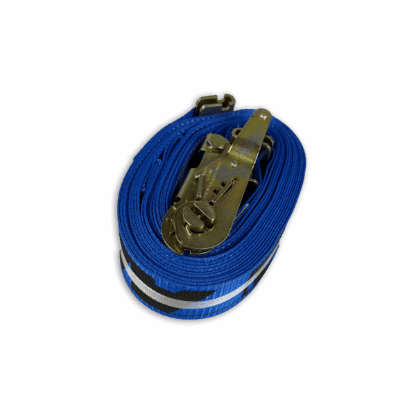 Blue ratchet strap coiled with metal ratchet mechanism on black background.