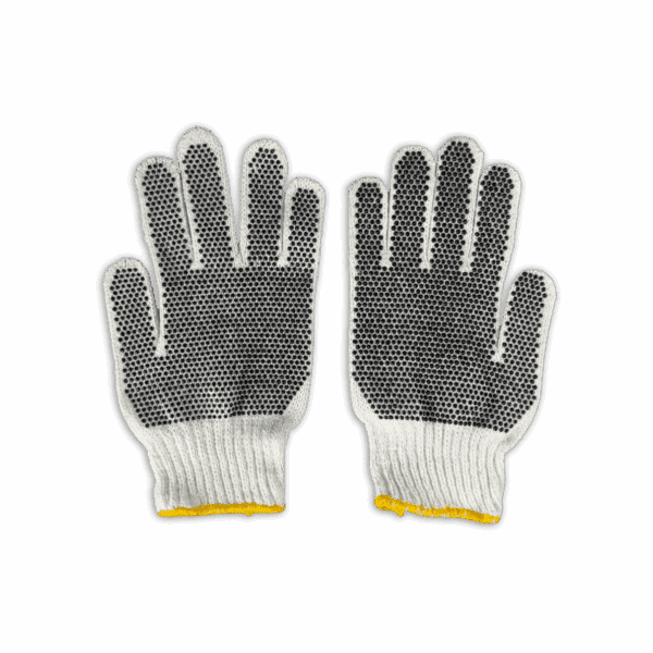 Pair of gray and white knit gloves with yellow trim.