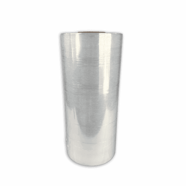 A roll of transparent plastic stretch film used for packaging.