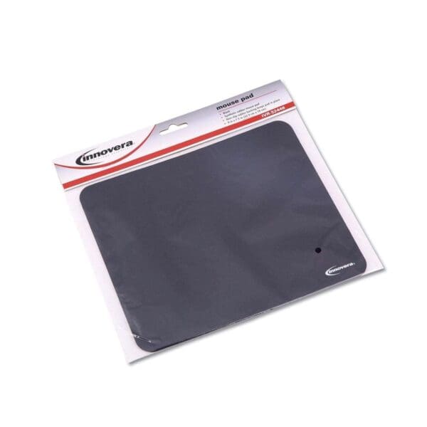 Black rectangular mouse pad in clear packaging with red and white header.