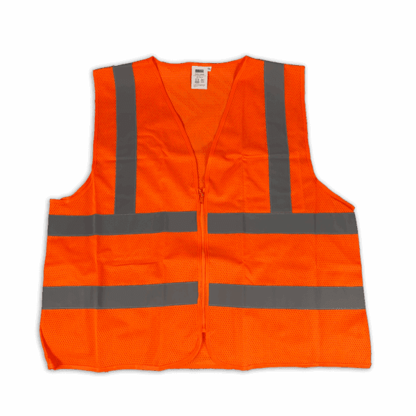 Bright orange safety vest with reflective gray stripes.