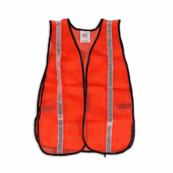 Bright orange safety vest with reflective strips.
