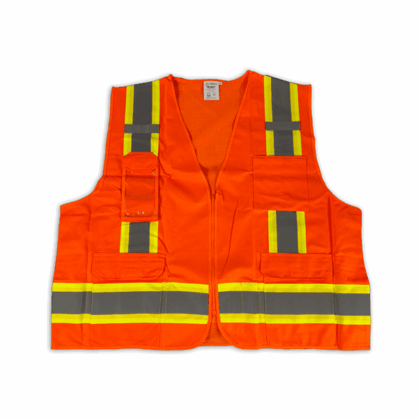 High-visibility orange safety vest with reflective yellow stripes.