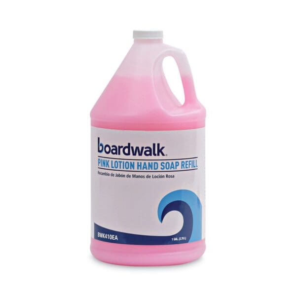 A gallon of pink Boardwalk hand soap.