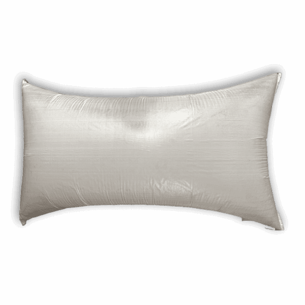 A shiny white rectangular pillow with a smooth surface.