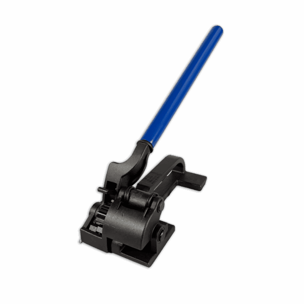 Heavy-duty strapping tool with a long blue handle for securing packages.