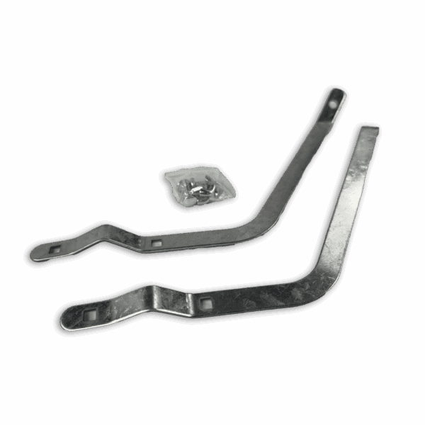 Two black metal brackets and a small metal plate on a white background.