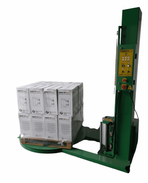 A pallet stacker lifting a pallet wrapped with boxes.