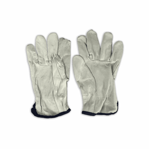 A pair of white work gloves with dark cuffs on a black background.