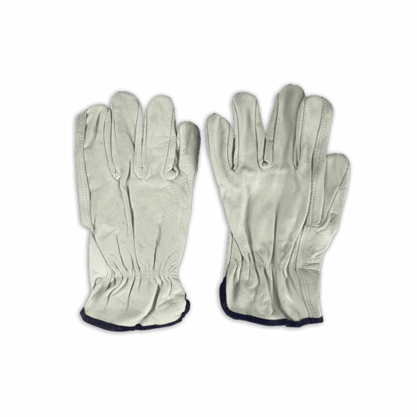 A pair of white work gloves with elastic wrists.