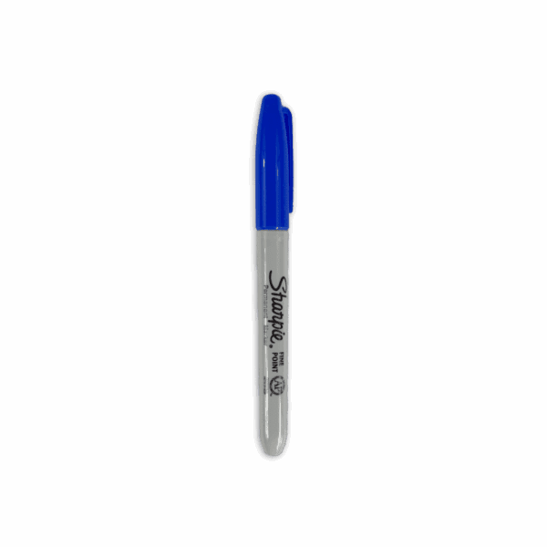 A blue and silver Sharpie permanent marker.