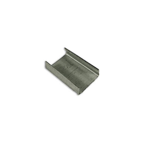 A rotating 3D model of a metallic U-shaped channel.