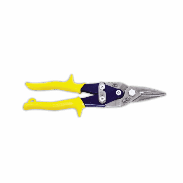 Yellow-handled aviation snips on a black background.