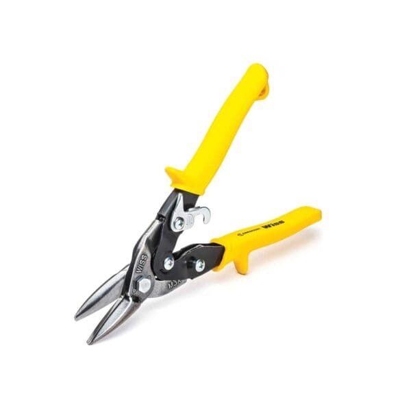 Yellow-handled aviation snips for cutting metal sheets.