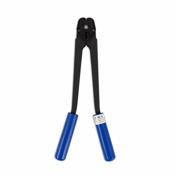 Heavy-duty bolt cutter with blue handles against black background.