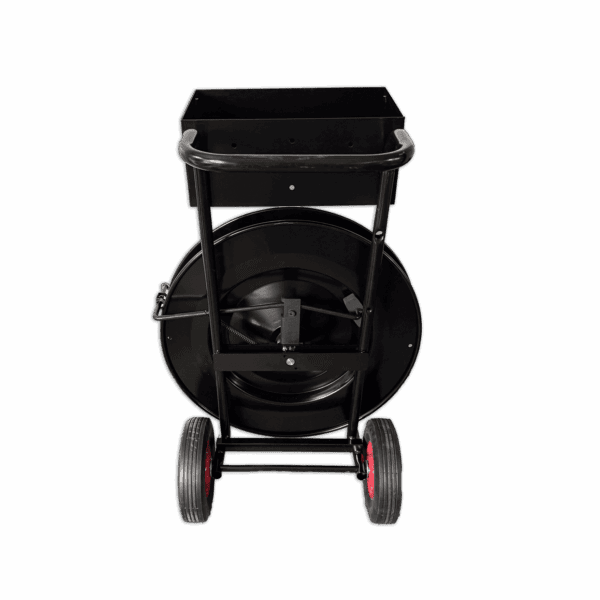 Rotating wheelbarrow with black frame and red-rimmed wheels.