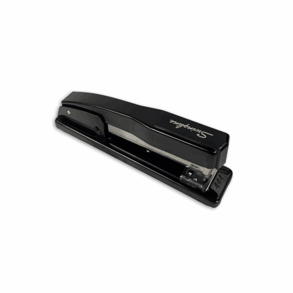 A black Swingline stapler on a black background.