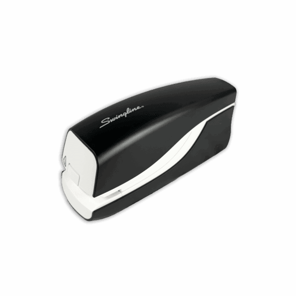 A sleek black and white electric stapler with a modern design.