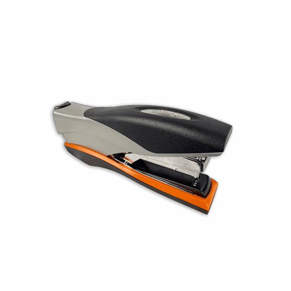 A sleek black and orange stapler with a modern design.