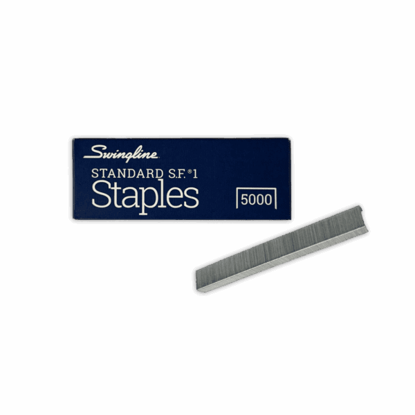 A box of Swingline Standard SP-1 staples with a strip of staples.