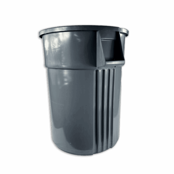 A gray plastic trash can with a lid slightly ajar.