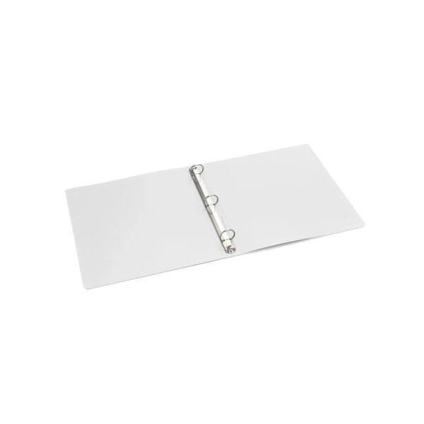Open white three-ring binder with blank pages.