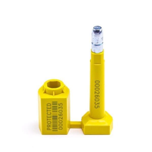 Yellow plastic security seal with a detachable tag and serial number.