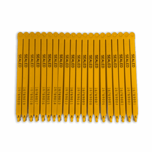 A set of yellow measuring sticks labeled with numbers and units.