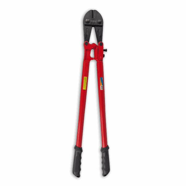 Red-handled bolt cutters with black cutting jaws and grips.