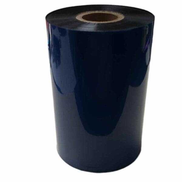 A roll of dark blue thermal transfer ribbon for printing.