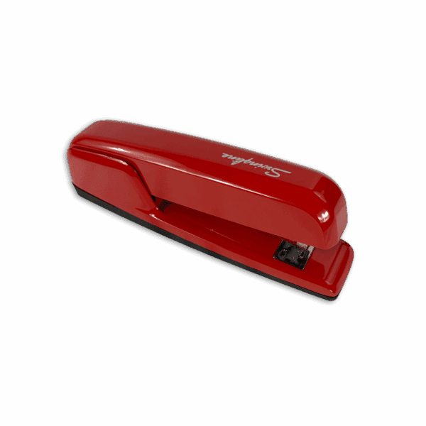 Red desktop stapler on a white background.